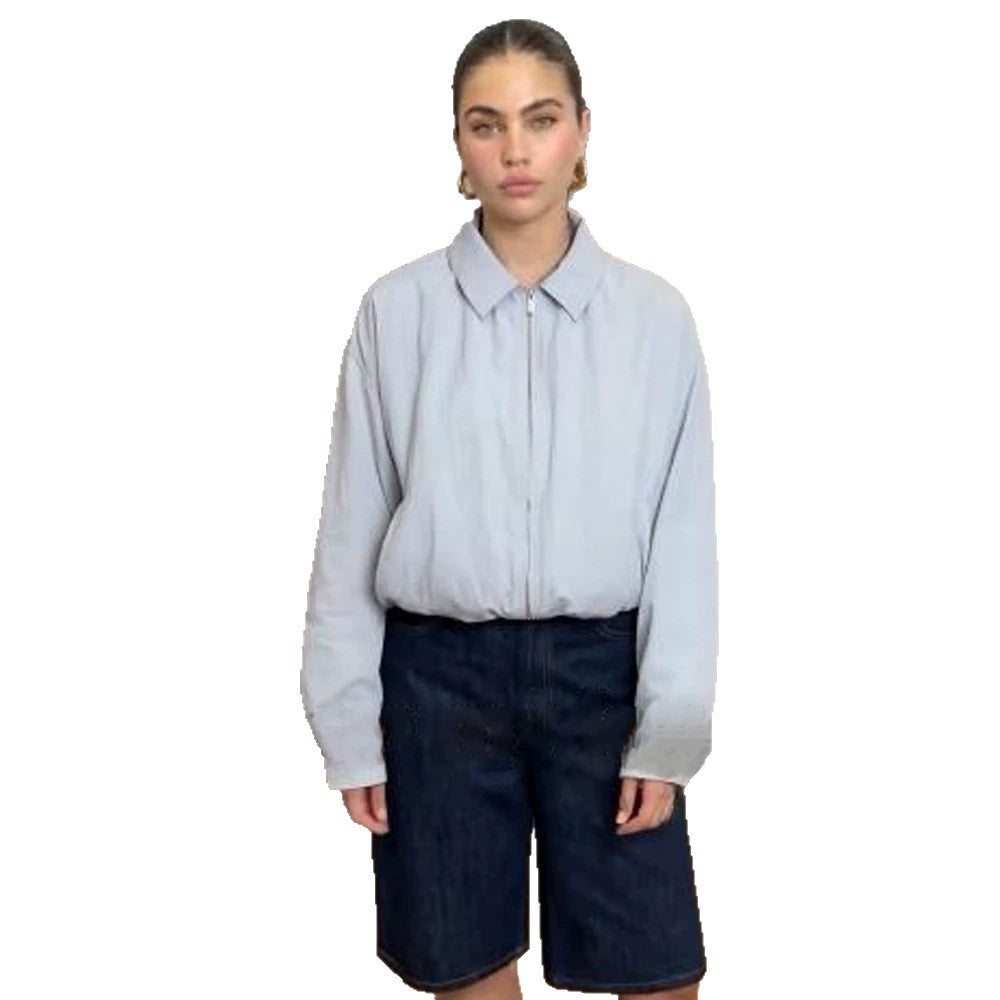 Women's Short Boxy Shirt Jacket with Zipper and Elastic Hem Mune Fashion