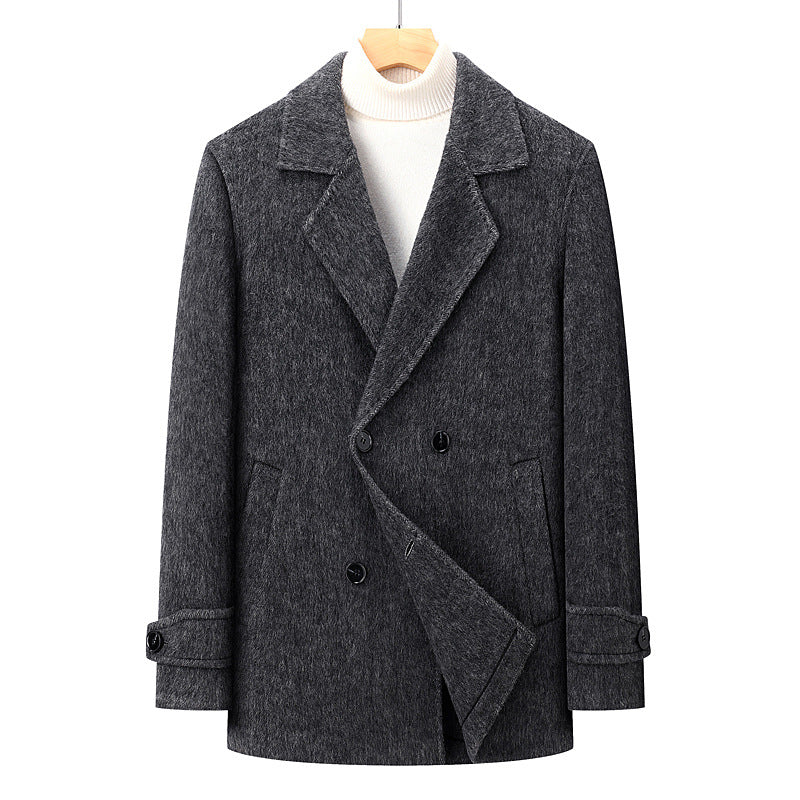 Men's Double-Breasted Wool Blend Short Coat with Lapel Collar Mune Fashion