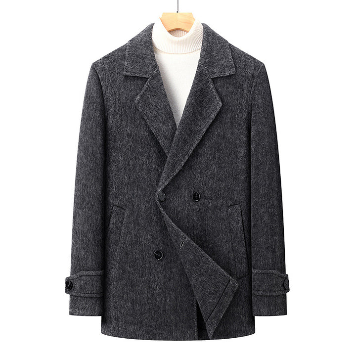 Men's Double-Breasted Wool Blend Short Coat with Lapel Collar Mune Fashion