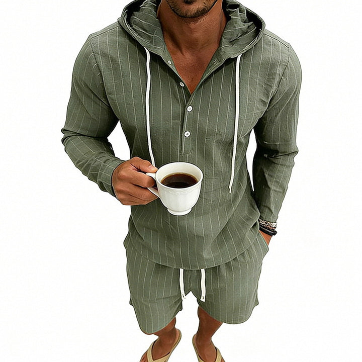 Men's striped linen-look hooded Henley set with drawstring shorts Mune Fashion