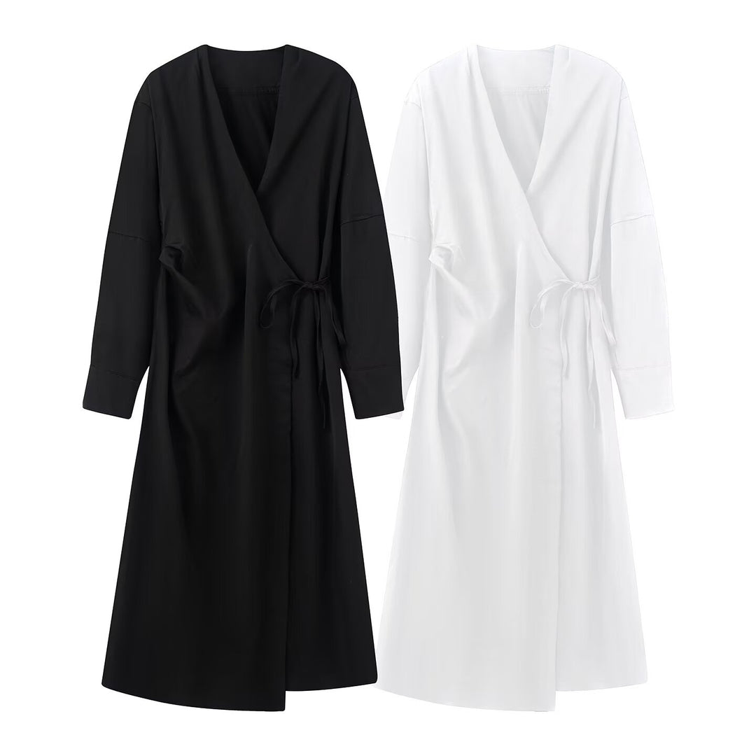 Women's Wrap Midi Dress with V-Neck and Tie Belt Mune Fashion