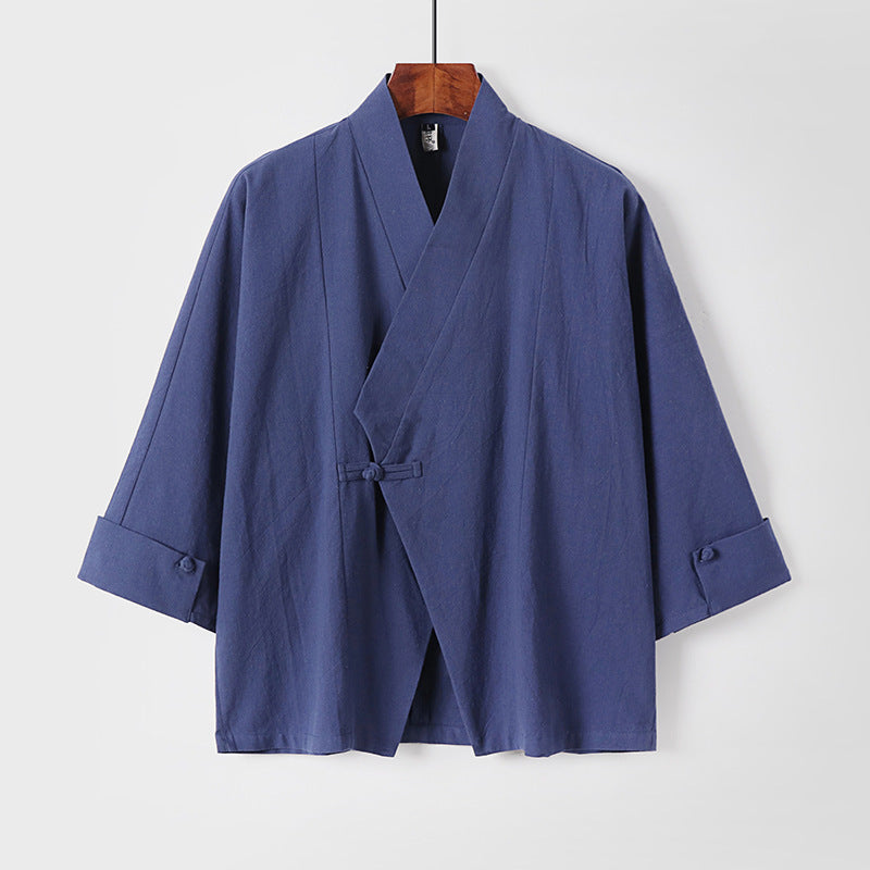 Men's Linen Kimono Jacket with Traditional Knot Closure and Medium-Length Sleeves Mune Fashion