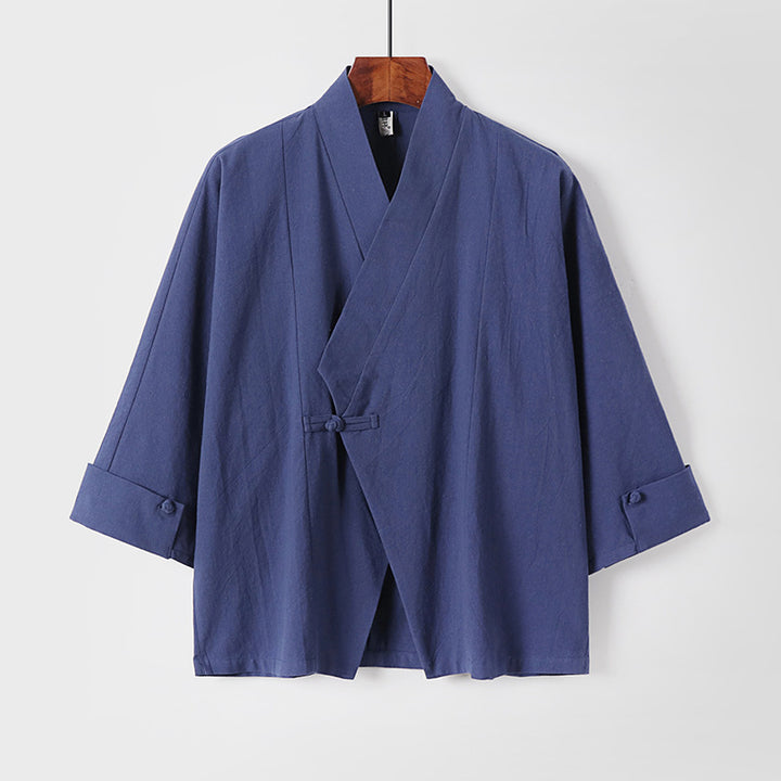 Men's Linen Kimono Jacket with Traditional Knot Closure and Medium-Length Sleeves Mune Fashion