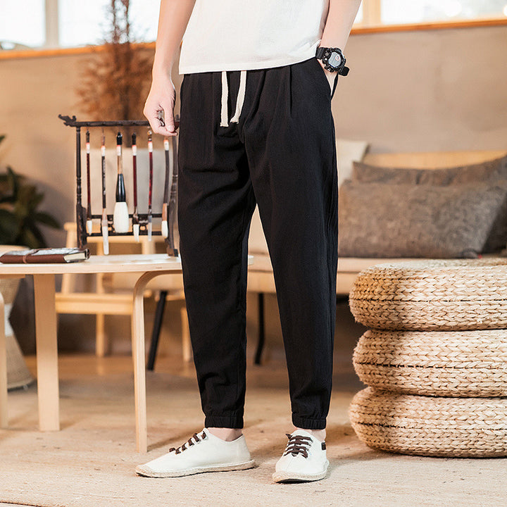 Men's lightweight cotton-linen jogging pants with drawstring elastic cuffs and side pockets Mune Fashion