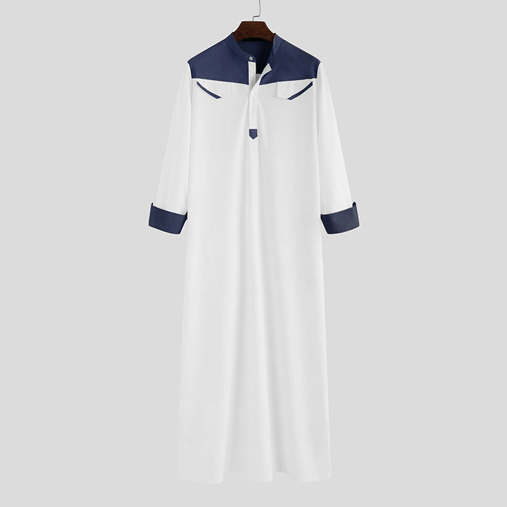 Men's long thobe with contrasting shoulder yoke, stand collar, and side pockets Mune Fashion