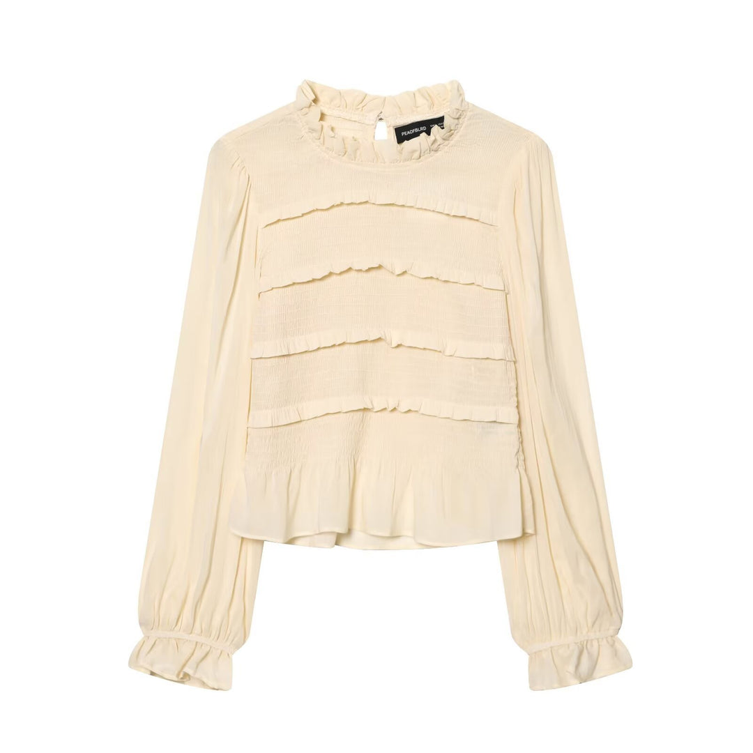 Women's Ruffled Blouse with Smocked Tiers, Stand-up Collar and Wide Balloon Sleeves Mune Fashion