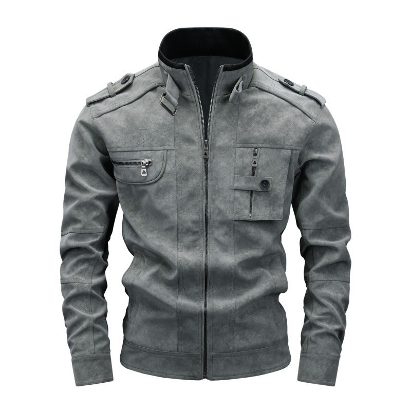 Men's utility faux leather jacket with stand-up collar, shoulder flaps, and multiple chest pockets Mune Fashion