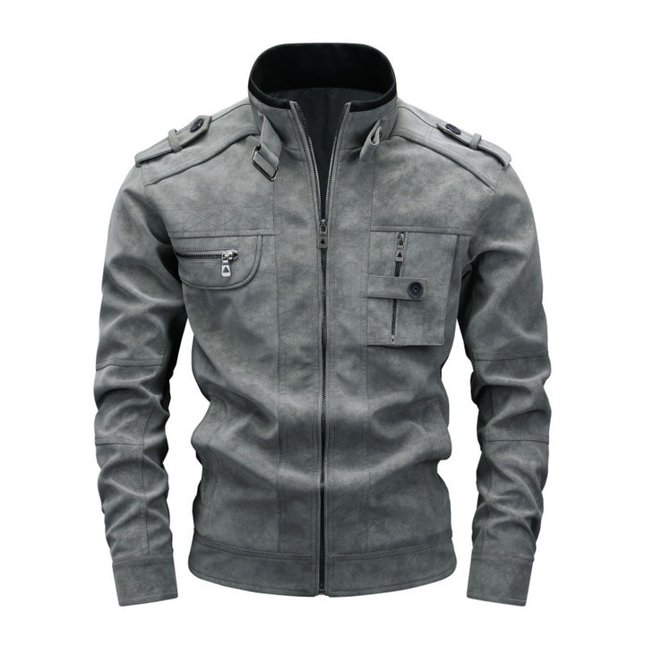 Men's utility faux leather jacket with stand-up collar, shoulder flaps, and multiple chest pockets Mune Fashion