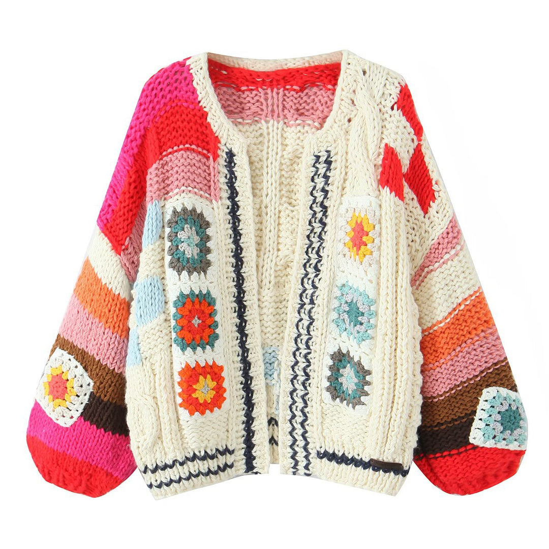 Women Chunky Knit Boho Cardigan with Crochet Patchwork Mune Fashion