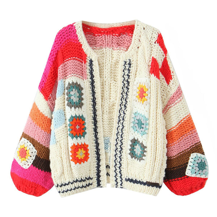 Women Chunky Knit Boho Cardigan with Crochet Patchwork Mune Fashion