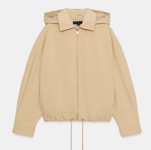 Women's Lightweight Hooded Jacket in Boxy Cut with Drawstring and Check Lining Mune Fashion