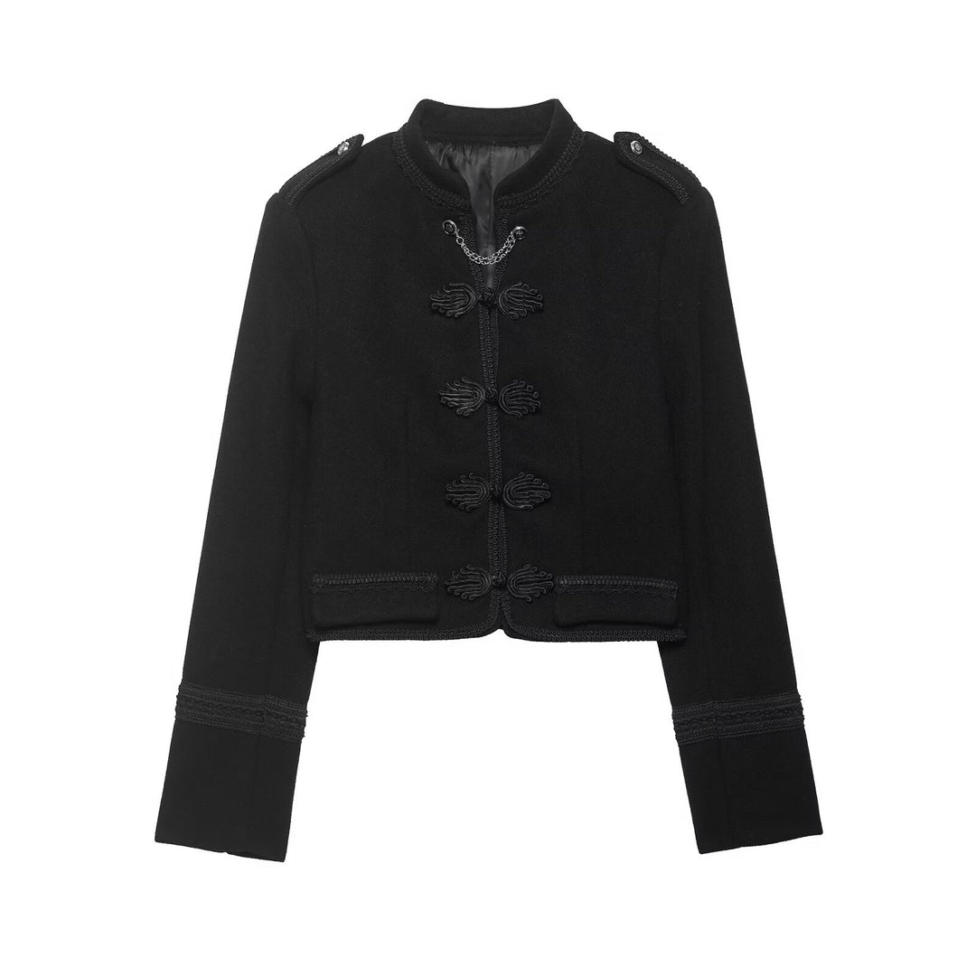 Ladies short jacket in military style with stand-up collar, decorative cords and decorative frog closures Mune Fashion
