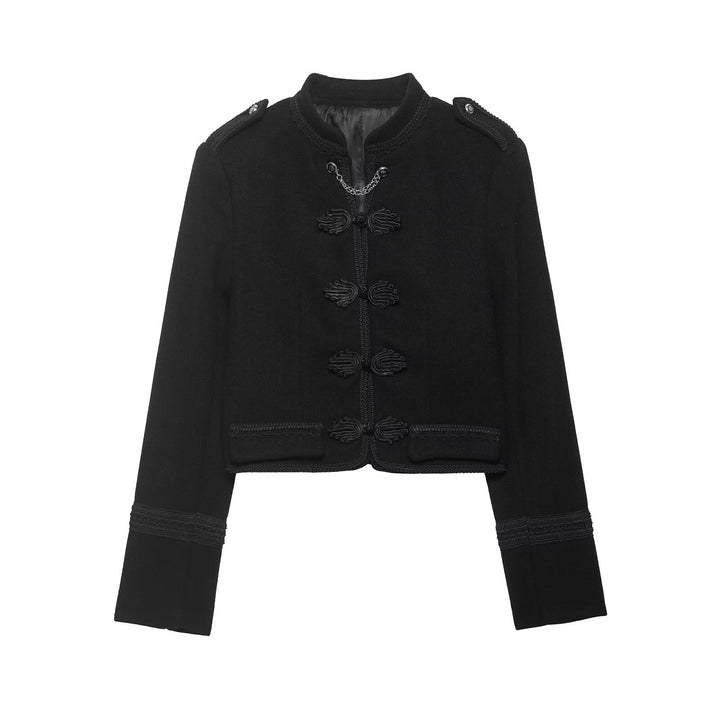 Ladies short jacket in military style with stand-up collar, decorative cords and decorative frog closures Mune Fashion