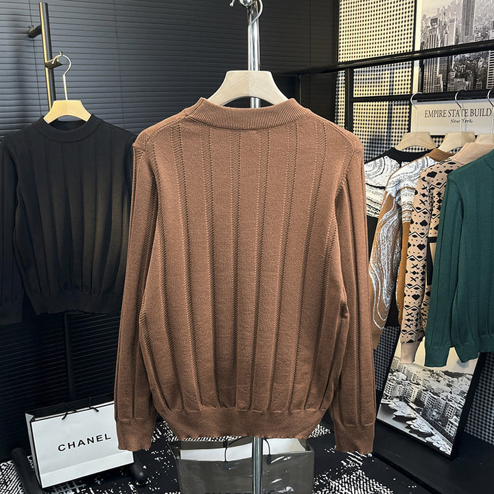 Men's fine knit pullover with vertical rib structure and short stand-up collar Mune Fashion