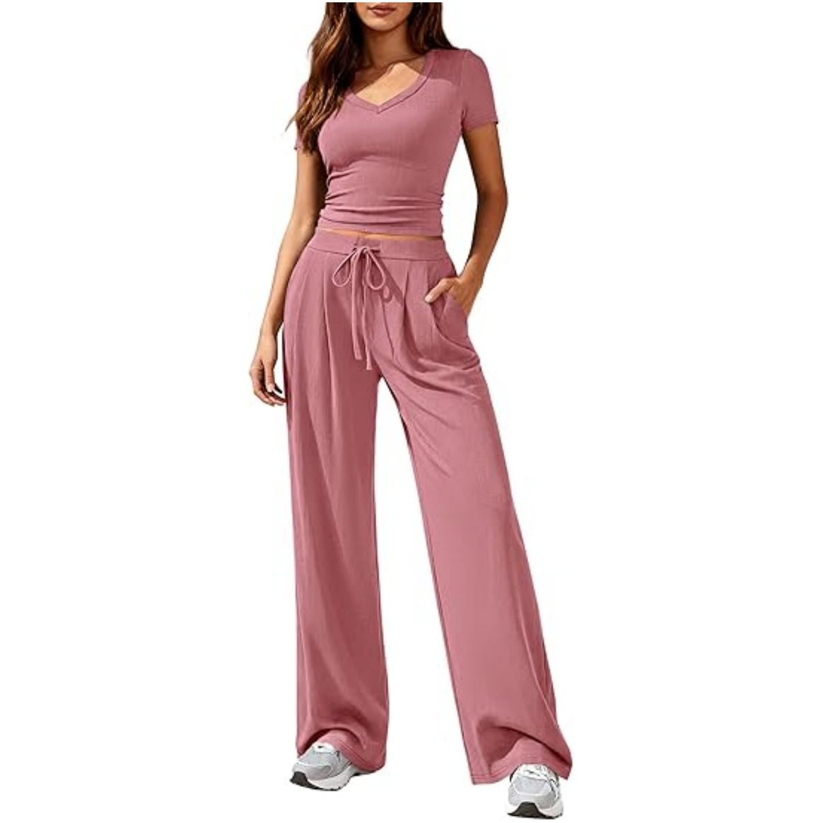 Ladies Casual Lounge Set with Tailored V-Neck Cropped Top and Loose Drawstring Pants Mune Fashion