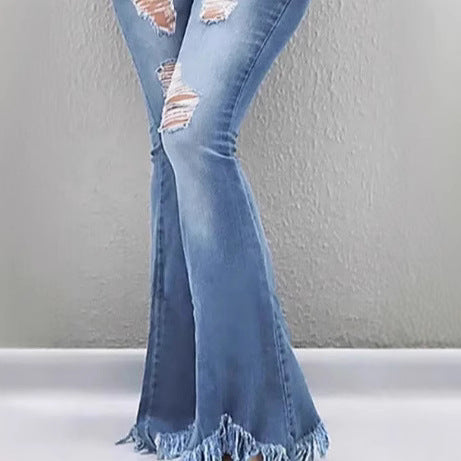 Women High-Waist Flared-Jeans with sculpting cut, destroyed knee parts and frayed ruffle hem Mune Fashion