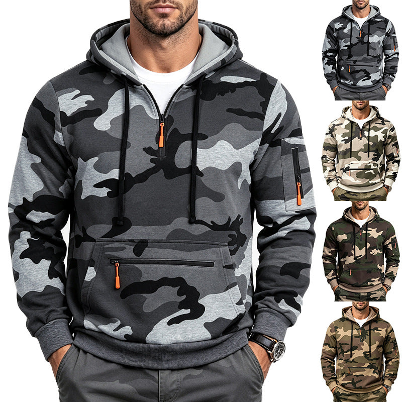 Men's Hoodie with Camouflage Pattern, Zipper Pockets and Kangaroo Pocket Mune Fashion