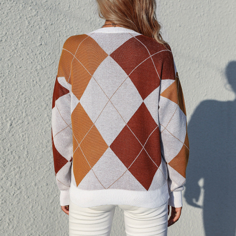 Women's Light Argyle Fine Knit Sweater with Round Neck and Loose Fit Mune Fashion
