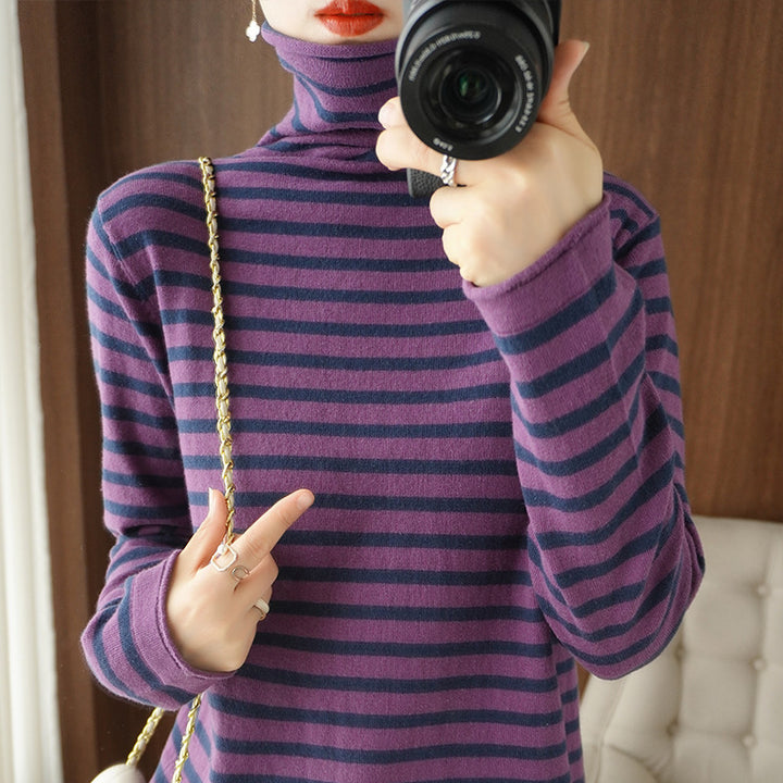 Ladies Maritime Fine Knit Turtleneck with Fine Stripe Pattern and Slim Fit Mune Fashion