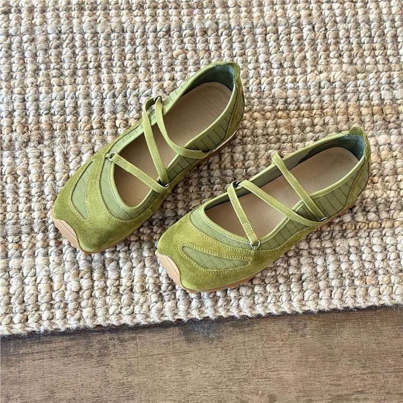 Damen Ballerina-Slipper mit Kreuzriemchen, Wildleder- und Krokostruktur Mune Fashion