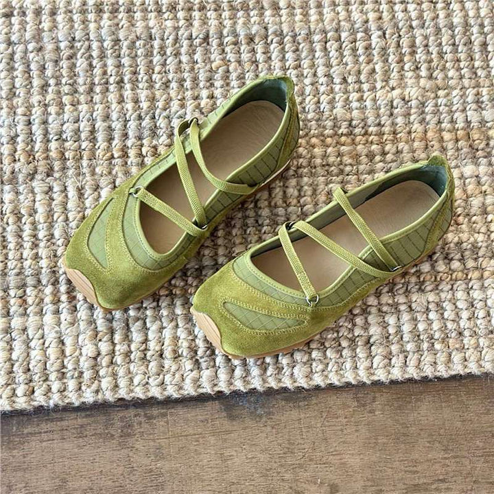 Damen Ballerina-Slipper mit Kreuzriemchen, Wildleder- und Krokostruktur Mune Fashion