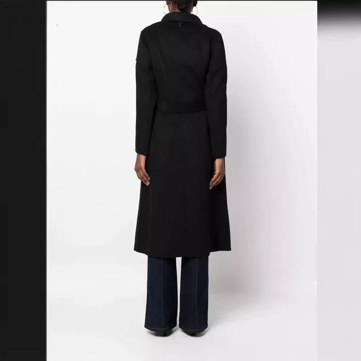 Women Midi-Length Wrap Coat with Oversized Shawl Collar and Concealed Zipper Pockets Mune Fashion