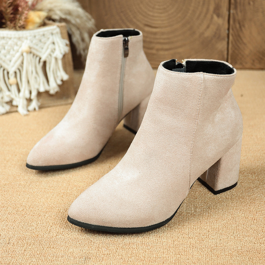 Women Ankle Boots with Block Heel, Pointed Toe and Side Zip Mune Fashion