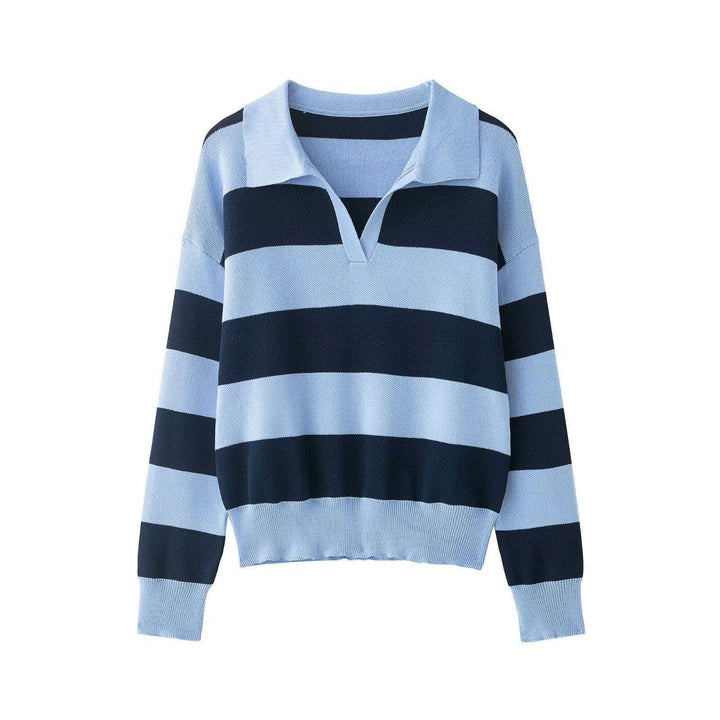 Women's striped rugby pullover with polo collar, V-neck and extended ribbed cuffs Mune Fashion
