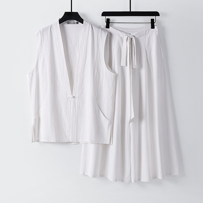 Women's Sleeveless Kimono Loungewear Set made of lightweight Viscose-Linen with Tied Vest and Wide Palazzo Pants Mune Fashion