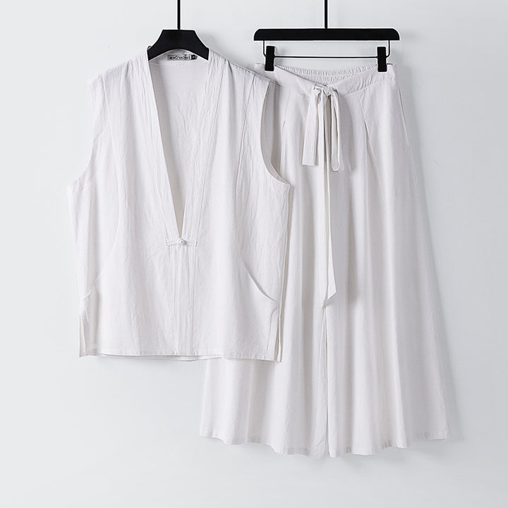 Women's Sleeveless Kimono Loungewear Set made of lightweight Viscose-Linen with Tied Vest and Wide Palazzo Pants Mune Fashion