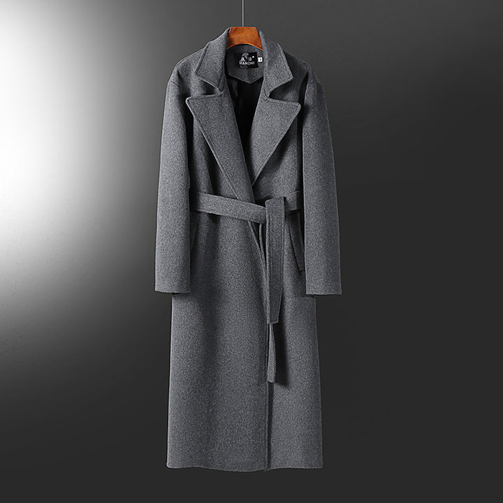 Men's extra long tailored wool blend coat with tie belt and wide shawl collar Mune Fashion