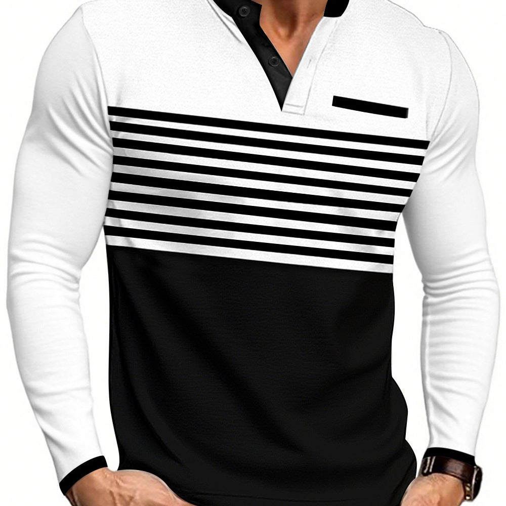 Men's modern long sleeve polo with Henley placket striped chest part and stand-up collar Mune Fashion