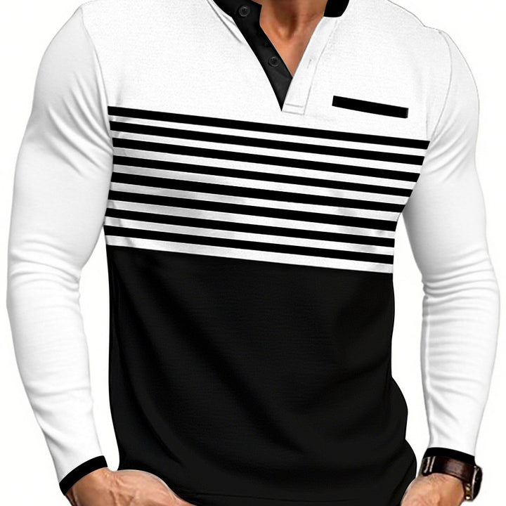 Men's modern long sleeve polo with Henley placket striped chest part and stand-up collar Mune Fashion