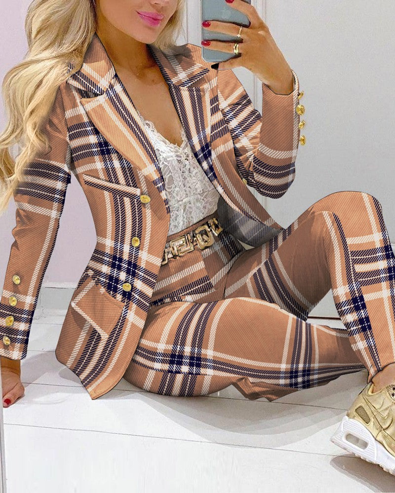 Ladies Two-Piece Blazer and Pant Set with Butterfly Print and Glamorous Glitter Effect Mune Fashion