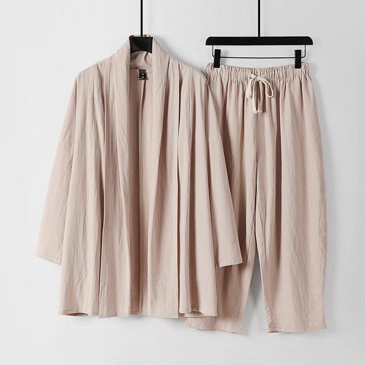 Unisex Lockeres Kimono-Lounge-Set made of lightweight cotton blend with shawl collar and drawstring pants Mune Fashion