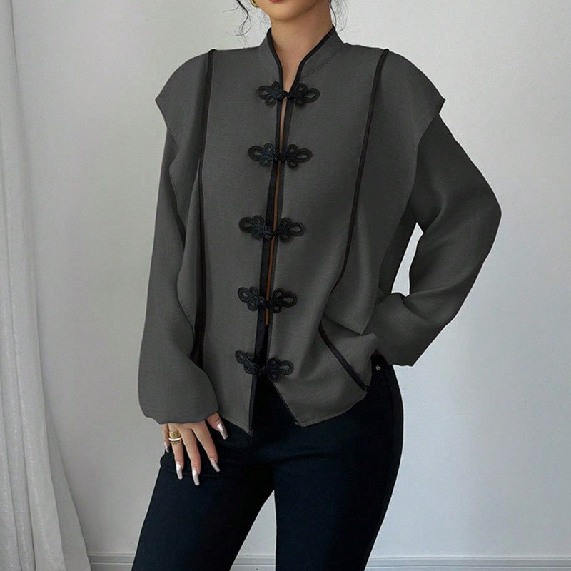 Women's stand-up collar blouse with decorative knot closures and decorative piping Mune Fashion