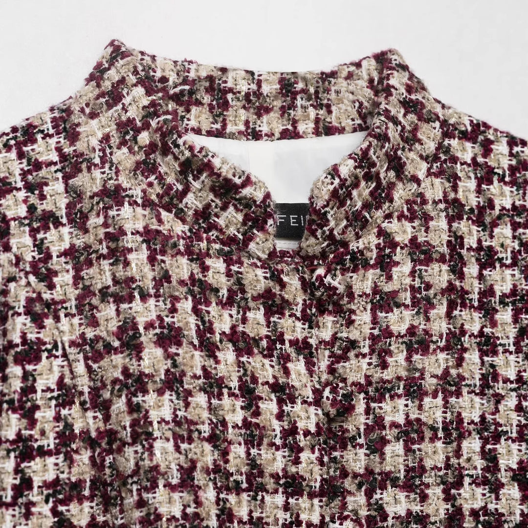 Women Boucle-Tweed Jacket with Stand-up Collar and Faux Fur Cuffs Mune Fashion