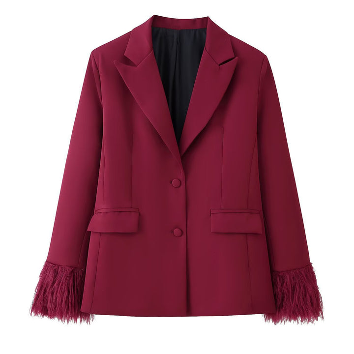 Women's Two-Piece Suit Set with Feather Trim on Sleeves and Wide Marlene Pants Mune Fashion