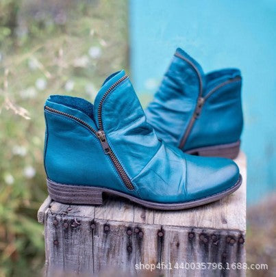 Women's Slouch Ankle Boots made of leather with side zipper and low block heel Mune Fashion