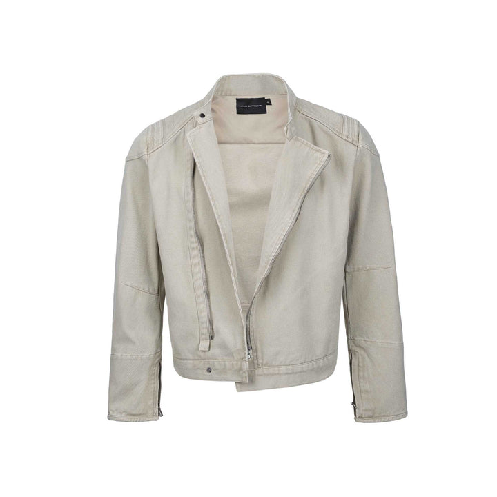Men's short-cut asymmetric canvas biker jacket with funnel collar and zipper detail Mune Fashion