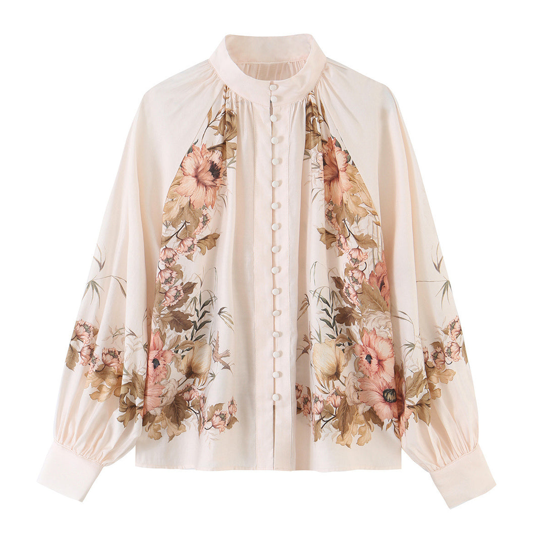 Women's blouse with stand-up collar, continuous button placket and wide balloon sleeves Mune Fashion