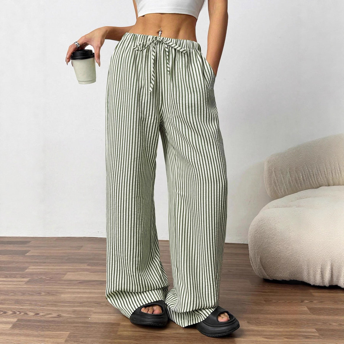 Women's Wide High Waist Pants with Drawstring Stripes Linen Look and Side Pockets Mune Fashion