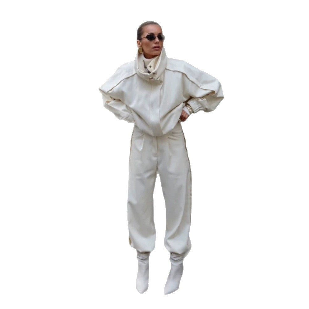 Women's Two-Piece Oversized Jacket and Pleated Pants Set with High Stand Collar Mune Fashion