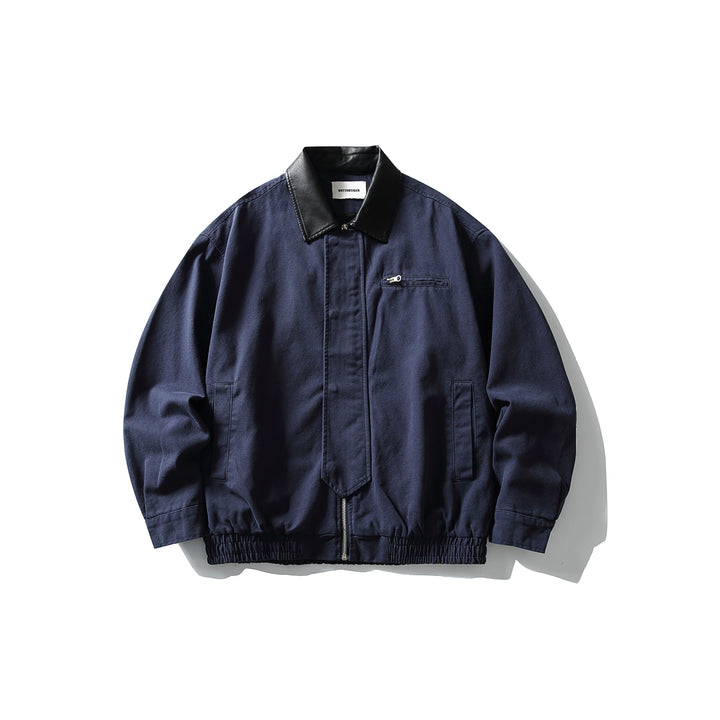Men's short-cut boxy blouson with contrasting leather collar Mune Fashion