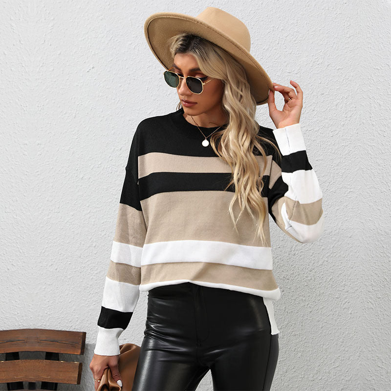 Women Striped Oversized Fine Knit Sweater with Round Neck and Ribbed Cuffs Mune Fashion