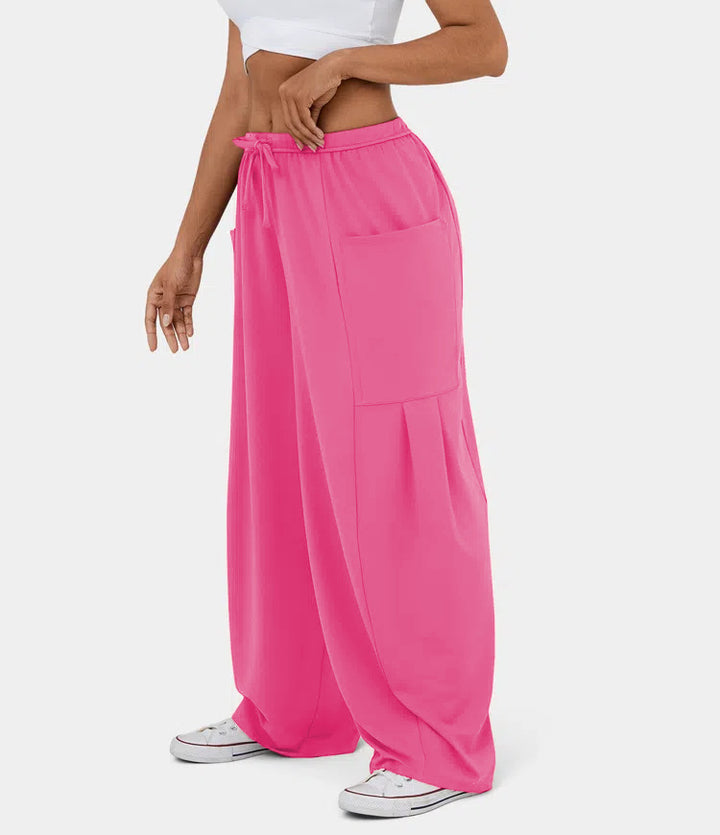 Women's Wide Relaxed Pants with High Elastic Waistband, Drawstring and Large Cargo Pockets Mune Fashion