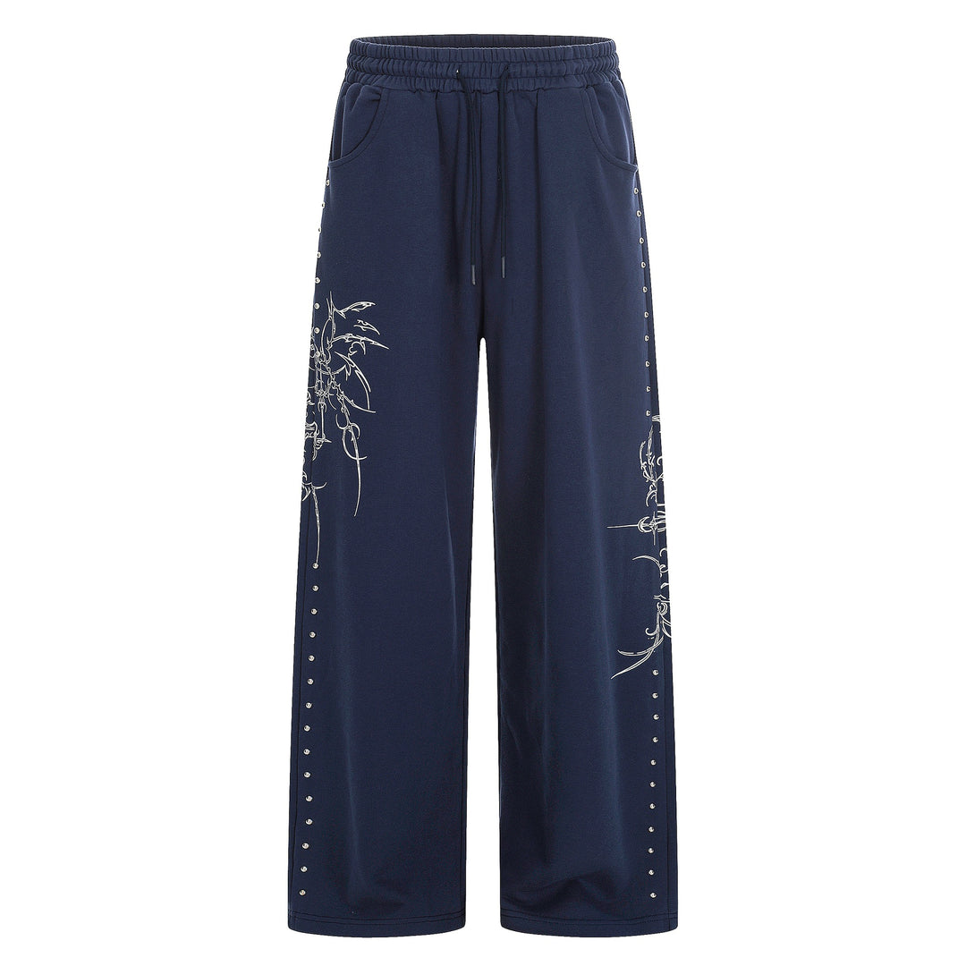 Women's Loose Sweatpants with Drawstring, Decorative Studs and Graphic Print Mune Fashion