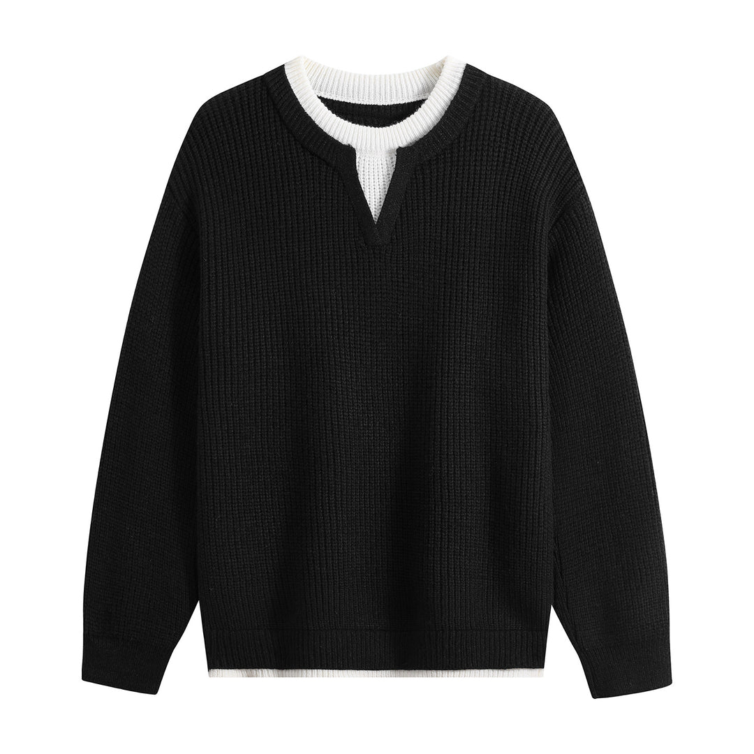 Men's Oversize Structured Knit Sweater with V-insert at Crew Neck Mune Fashion