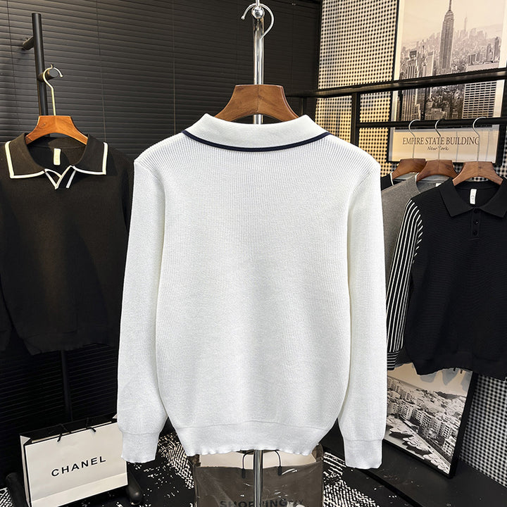 Men's Fine Knit Polo Sweater with Contrast Piping and Shirt Collar Mune Fashion