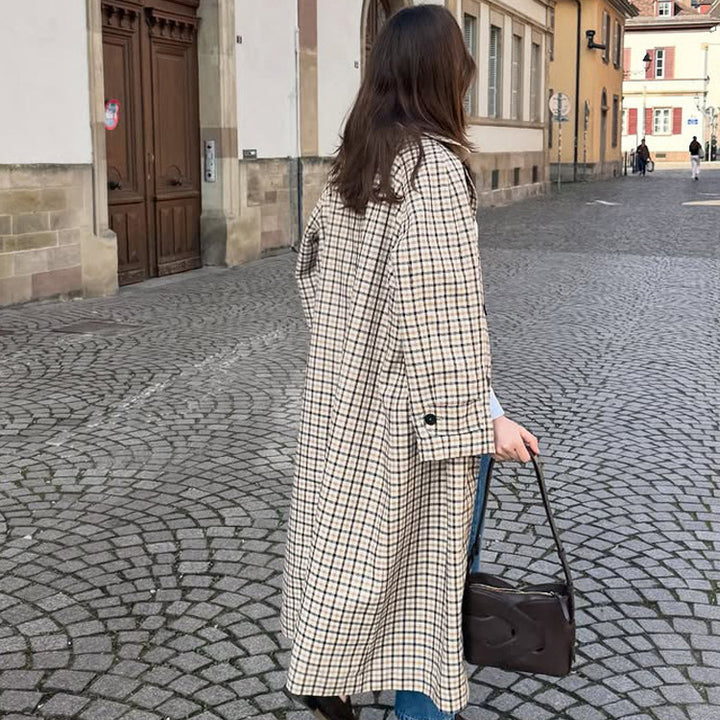 Women’s Maxi Long Checked Wool Blend Coat with Straight Silhouette Mune Fashion